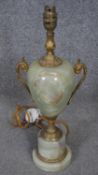 A Classical style gilt metal and carved alabaster twin foliate handle urn table lamp. H.43cm