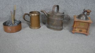 A collection of metalware. Including a French Peugeot Freres wooden coffee grinders, a set of six