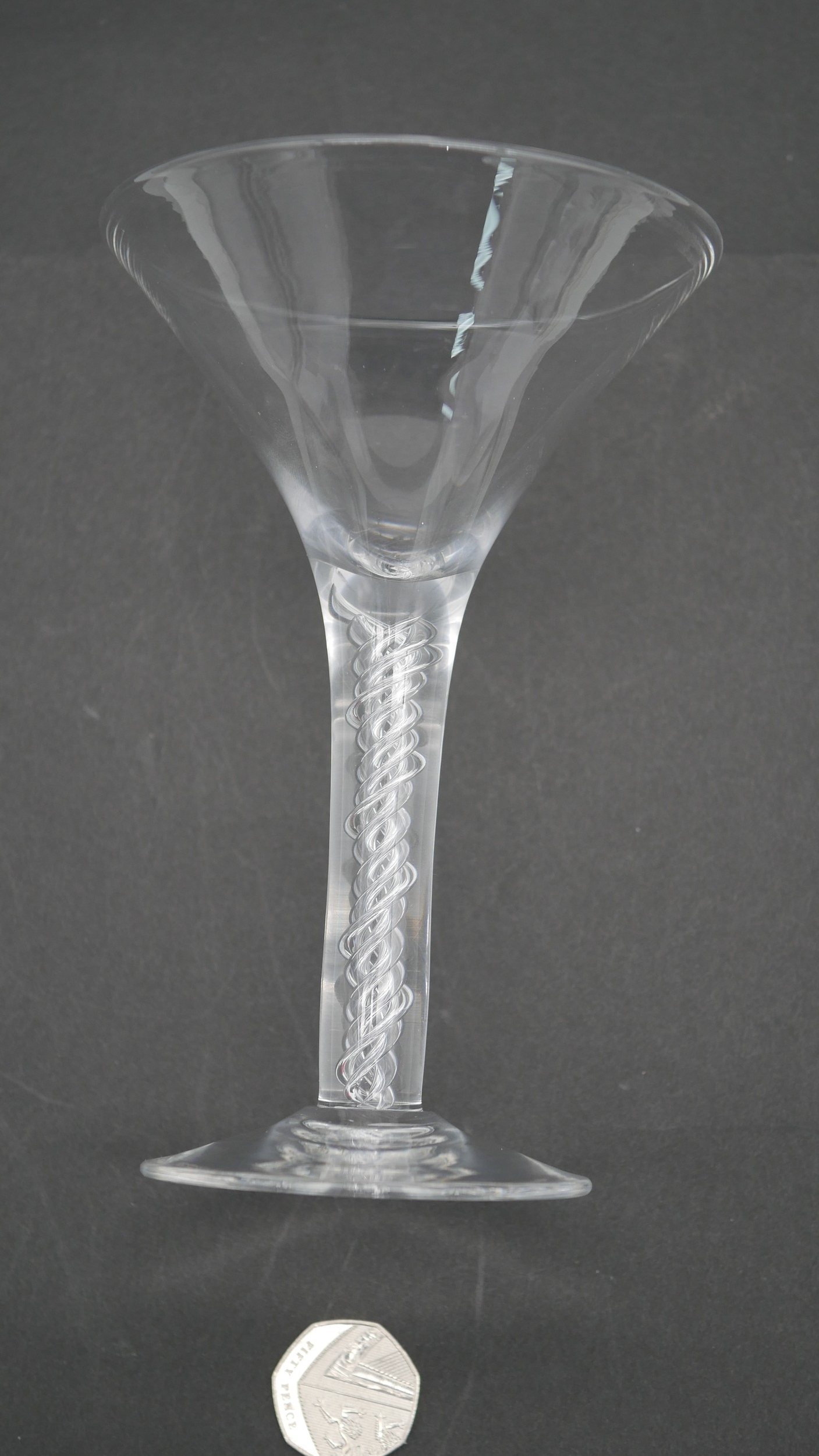 An 18th century air twist stem conical wine glass with drawn trumpet design and circular foot with - Image 2 of 4