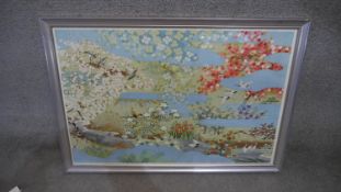 A modern silver framed Japanese colour print of a landscape. H.75 W.105cm