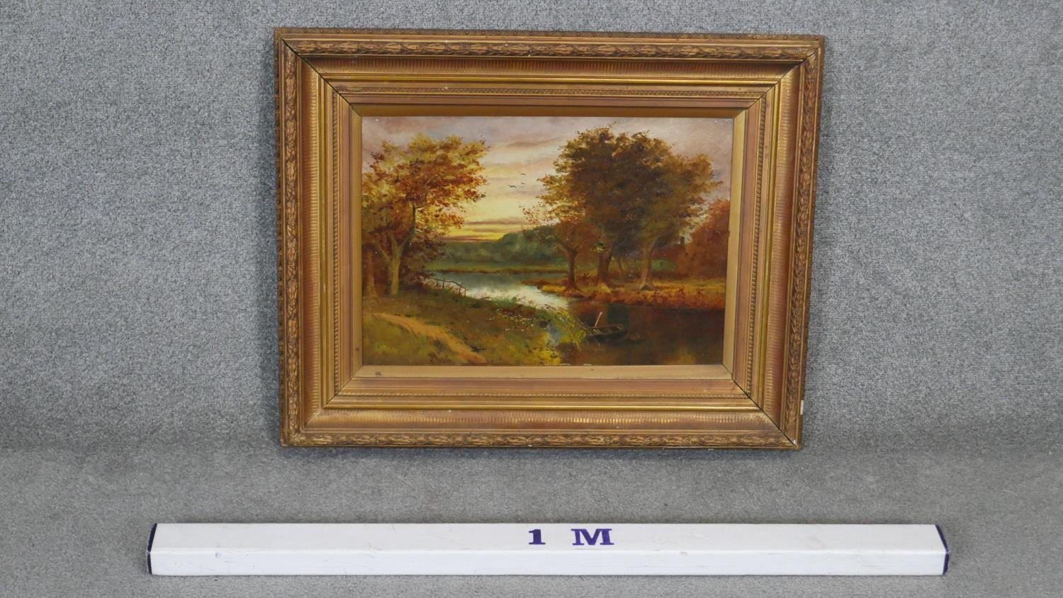 A carved gilt framed oil on canvas of a river landscape at sunset, monogrammed P.K. Inscribed H. - Image 3 of 7