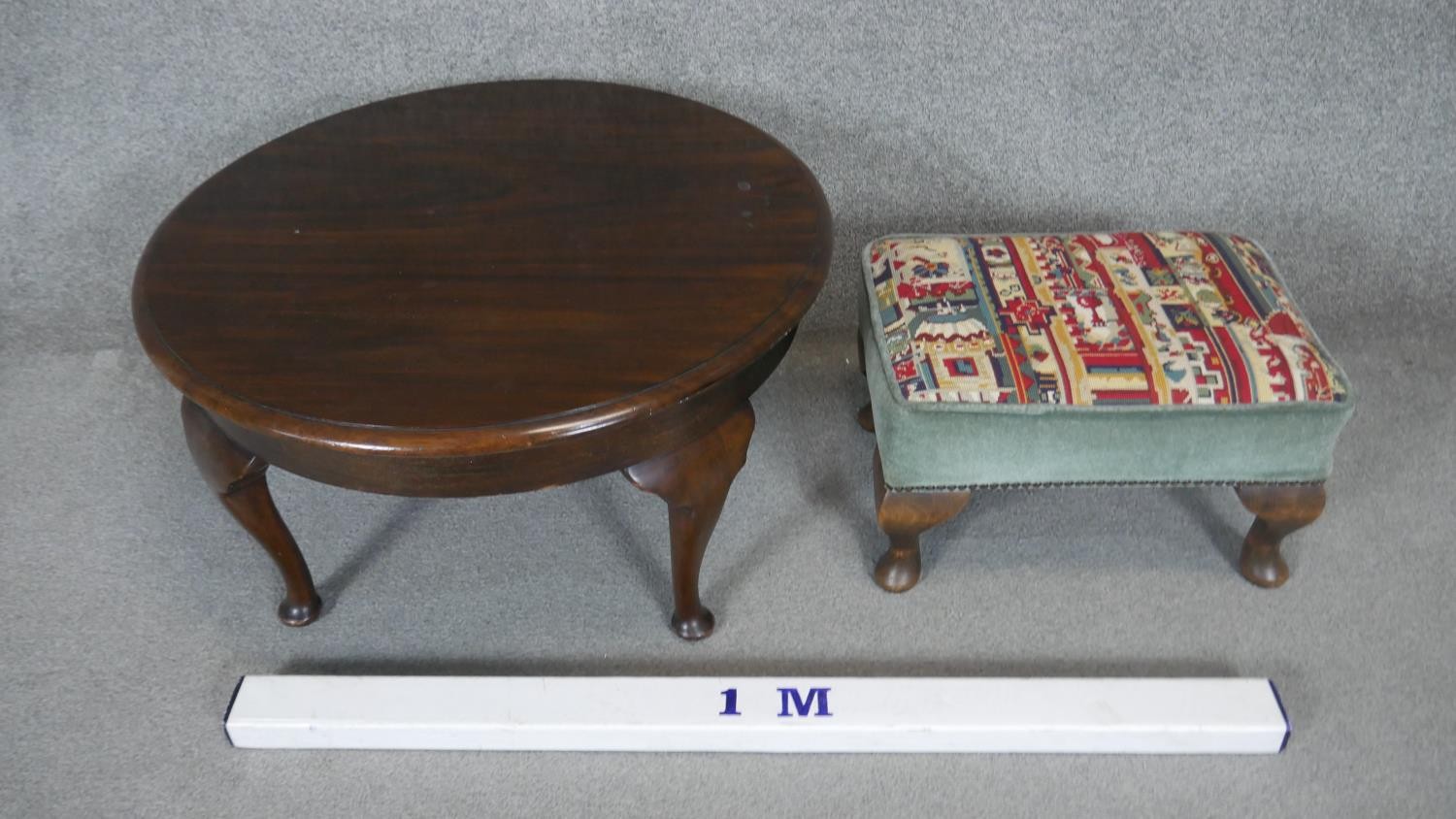 A Georgian style mahogany coffee table along with a tapestry upholstered footstool. h37 d68 - Image 2 of 5