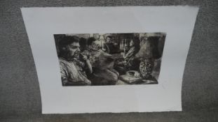 An unframed etching of figures in an interior, titled 'The Waiting' signed and dated in pencil '