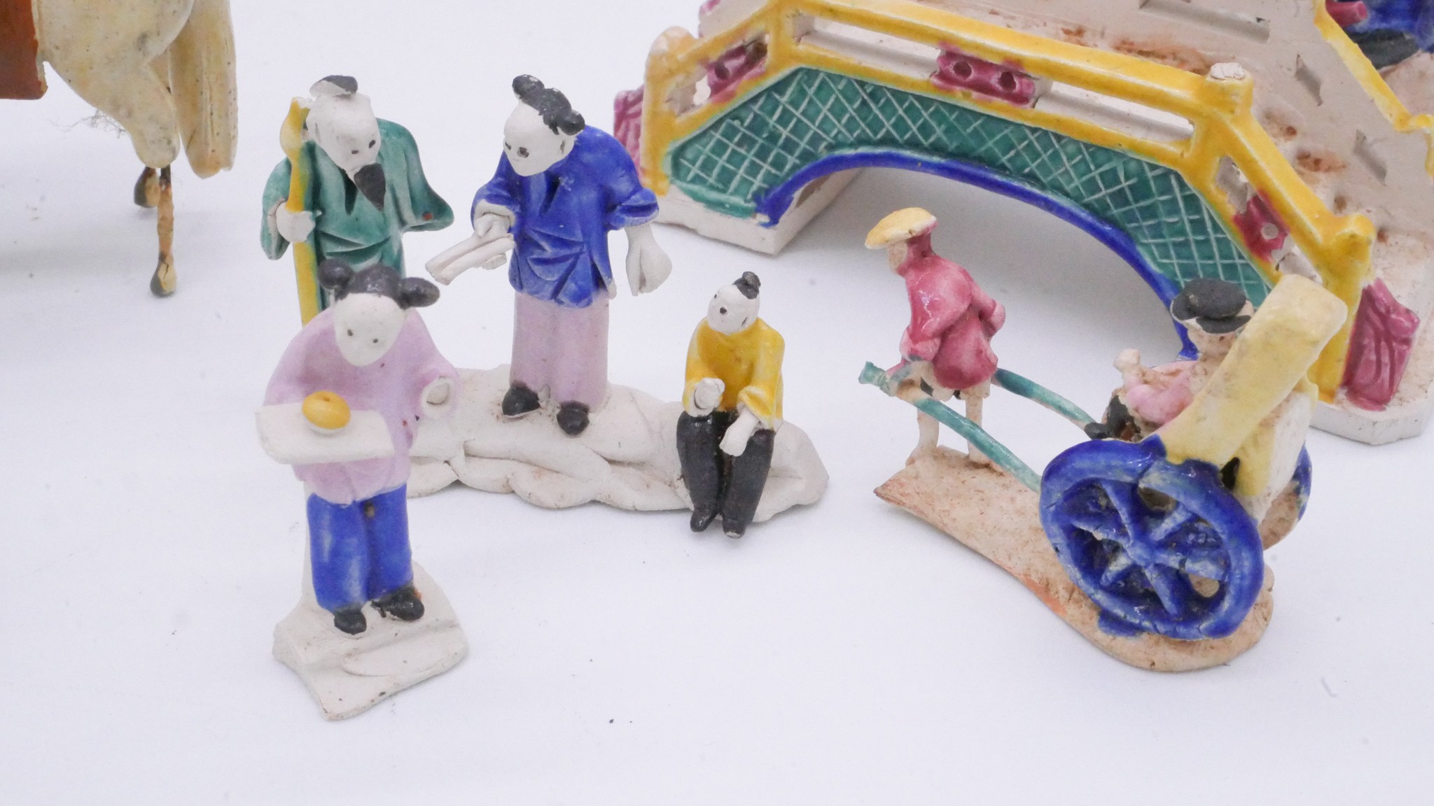 A collection of Chinese hand painted ceramic miniature figures along with a painted festival scene - Image 5 of 14