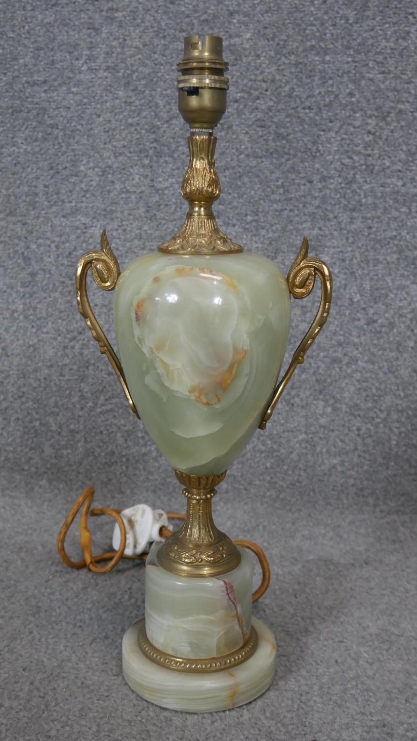 A Classical style gilt metal and carved alabaster twin foliate handle urn table lamp. H.43cm - Image 3 of 3