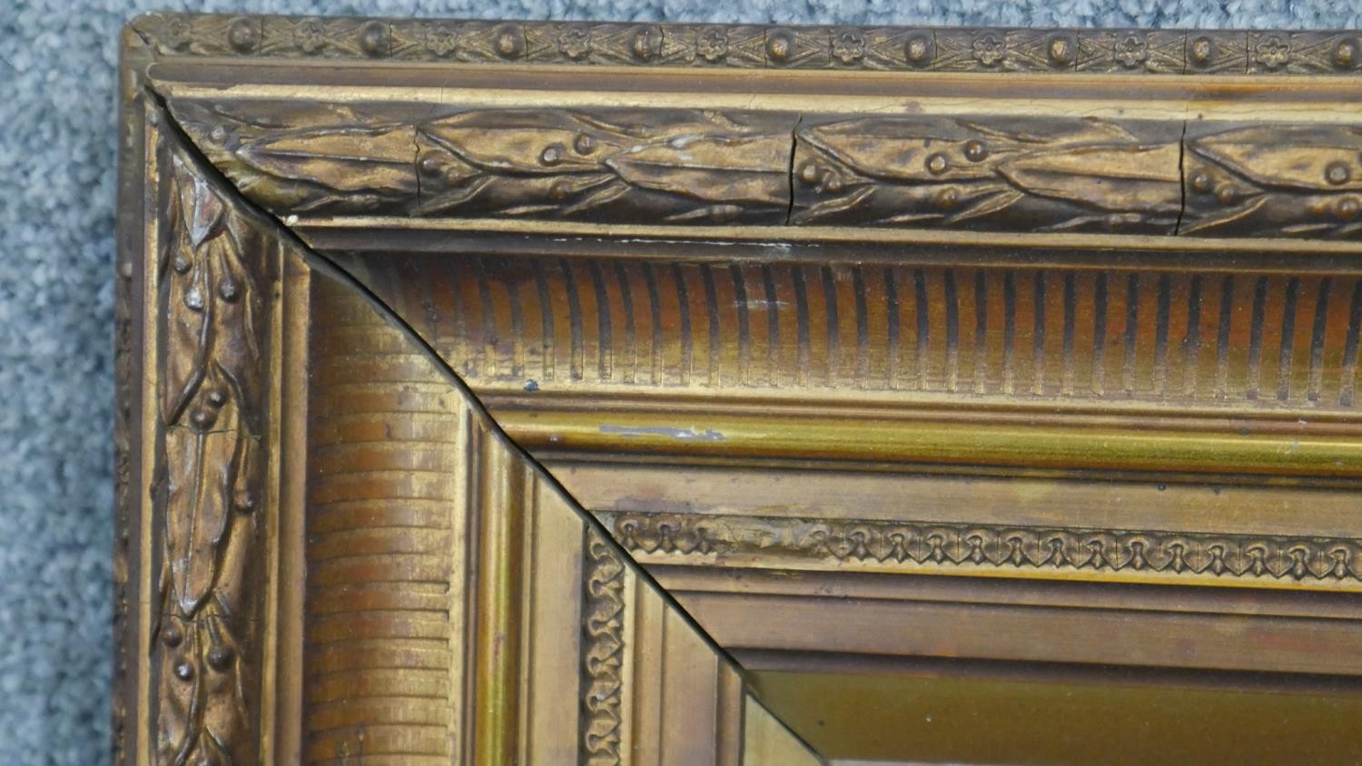 A carved gilt framed oil on canvas of a river landscape at sunset, monogrammed P.K. Inscribed H. - Image 5 of 7