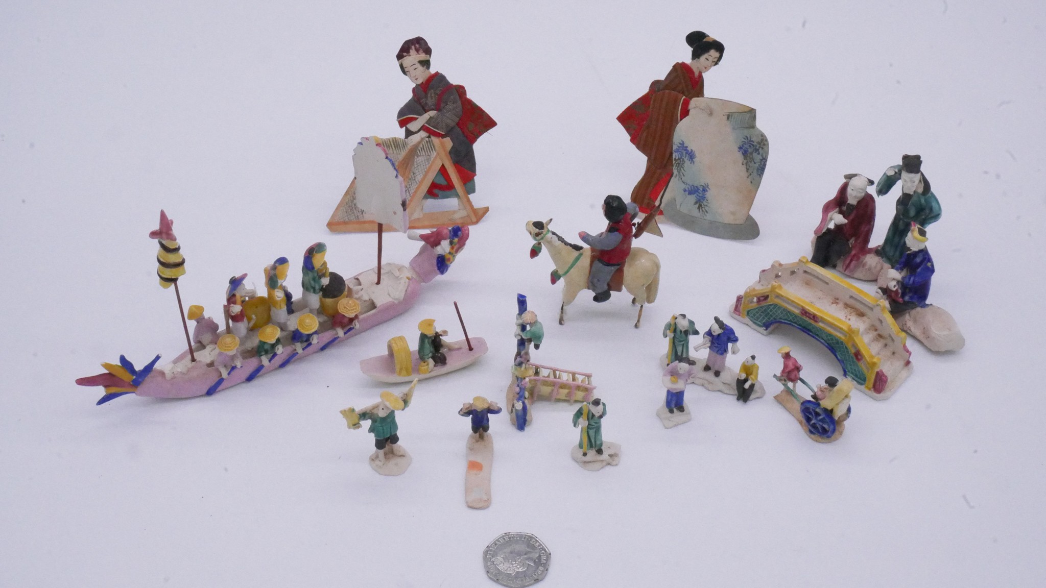 A collection of Chinese hand painted ceramic miniature figures along with a painted festival scene - Image 3 of 14