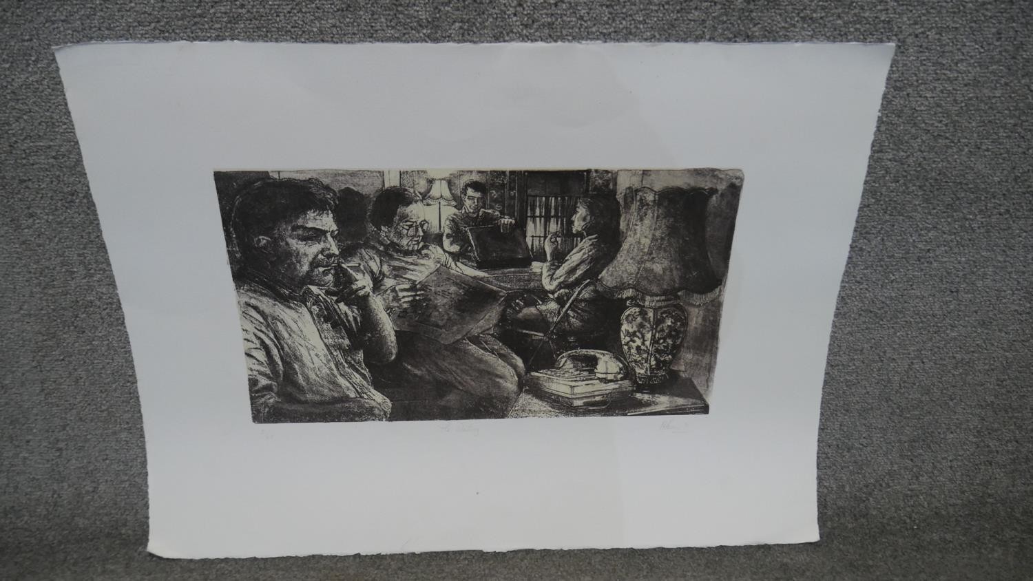 An unframed etching of figures in an interior titled 'The Waiting', signed and dated in pencil '