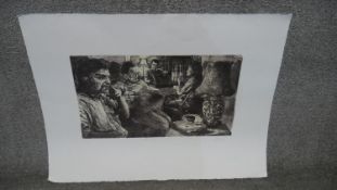 An unframed etching of figures in an interior titled 'The Waiting', signed and dated in pencil '