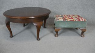A Georgian style mahogany coffee table along with a tapestry upholstered footstool. h37 d68