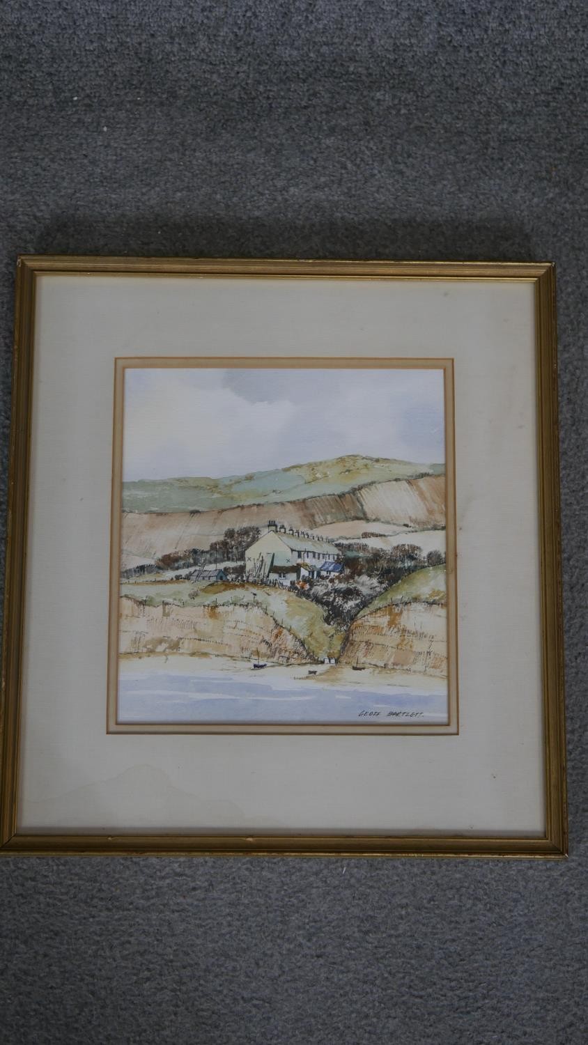 Geoff Bartlett (20th century)- a framed and glazed watercolour 'Fishermans cottages, Kimmeridge, - Image 3 of 9