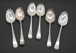 Six silver Georgian serving spoons with engraved crests. Hallmarked:GJ for George Greenhill Jones,