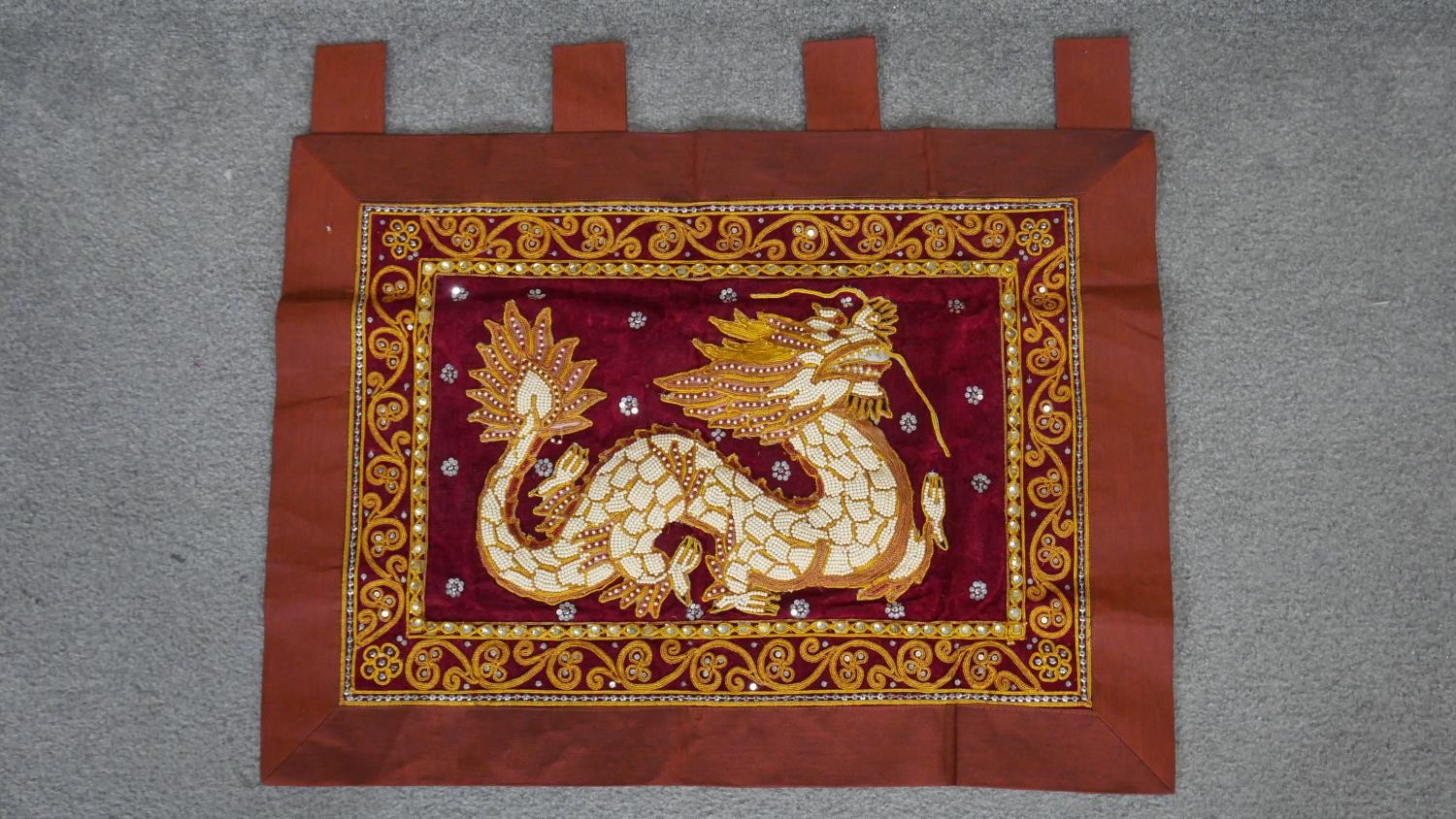 Two embroideries. One Thai with a beaded dragon and a embroidered cushion cover of Mary and Child. - Image 4 of 4