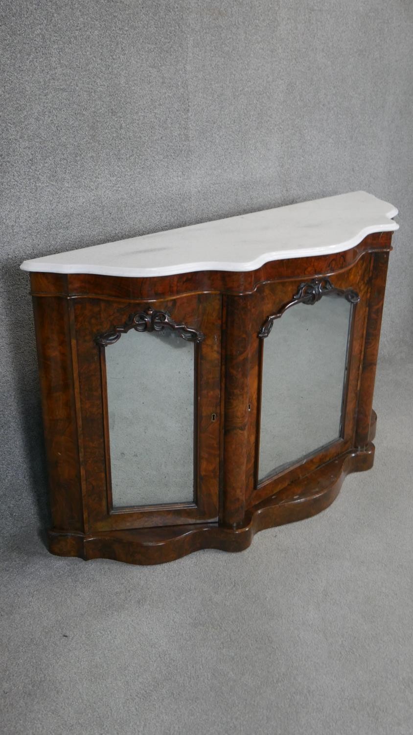 A Victorian burr walnut marble topped credenza with original plate glass doors. H.90 W.150cm - Image 2 of 4