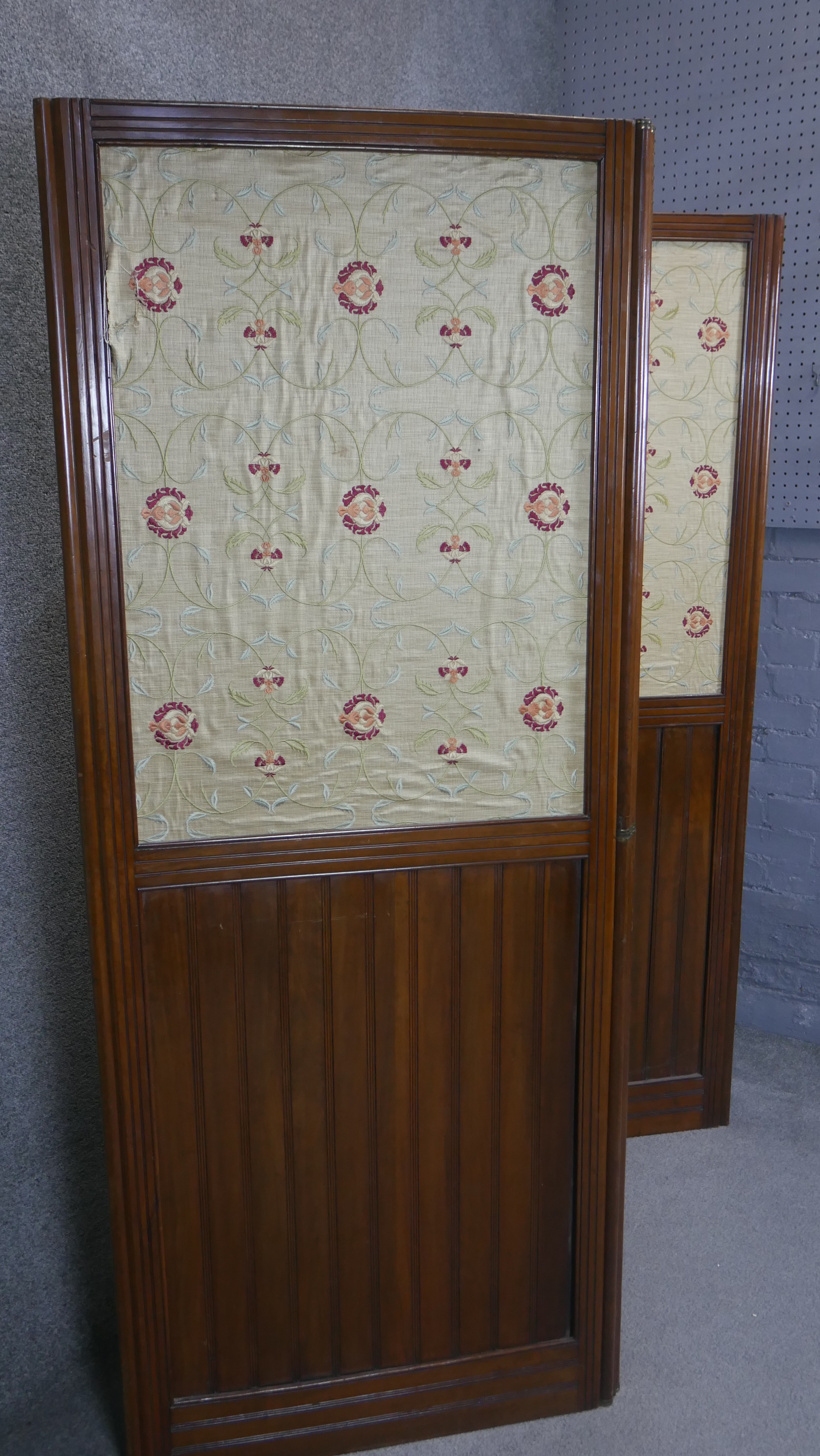 A late 19th century walnut two fold three panel room divider with inset floral tapestry panels. H. - Image 3 of 7