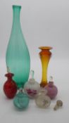 A collection of mid century Art Glass. Including a turquoise bottle vase signed to the base, an