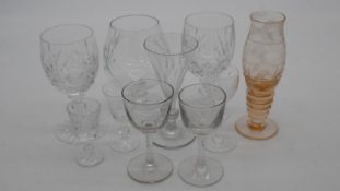 A collction of ten antique and vintage glasses. Including a Georgian conical faceted cordial