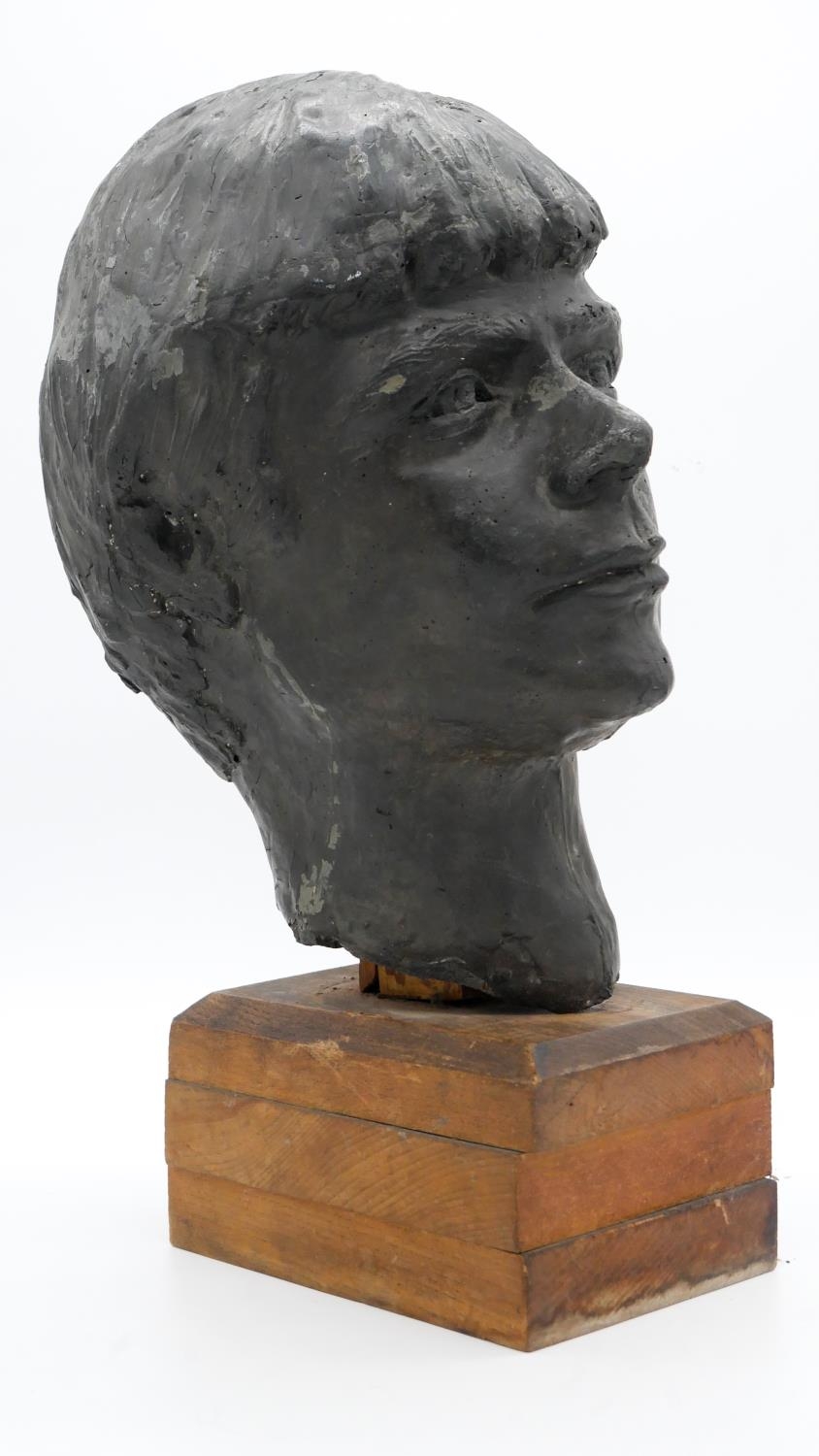 A hollow bronze female sculpted head on wooden stand. H.45cm - Image 2 of 5