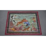 An Indo-Persian silk painted wall hanging depicting warriors and tigers in a landscape, all