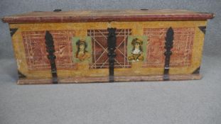 A 19th century painted and iron bound Continental coffer with twin carrying handles. H.40 W.116 D.50