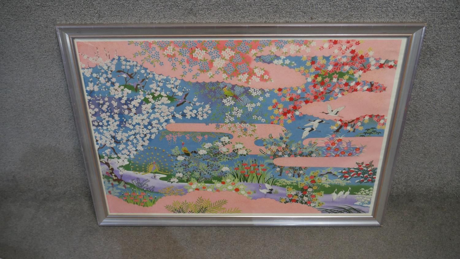 A modern silver framed Japanese colour print of a landscape. H.76 W.105cm - Image 2 of 3