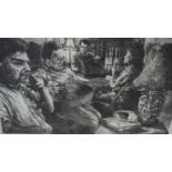 An unframed etching of figures in an interior titled 'The Waiting', signed and dated in pencil '