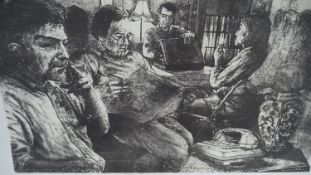 An unframed etching of figures in an interior, titled 'The Waiting' signed and dated in pencil '