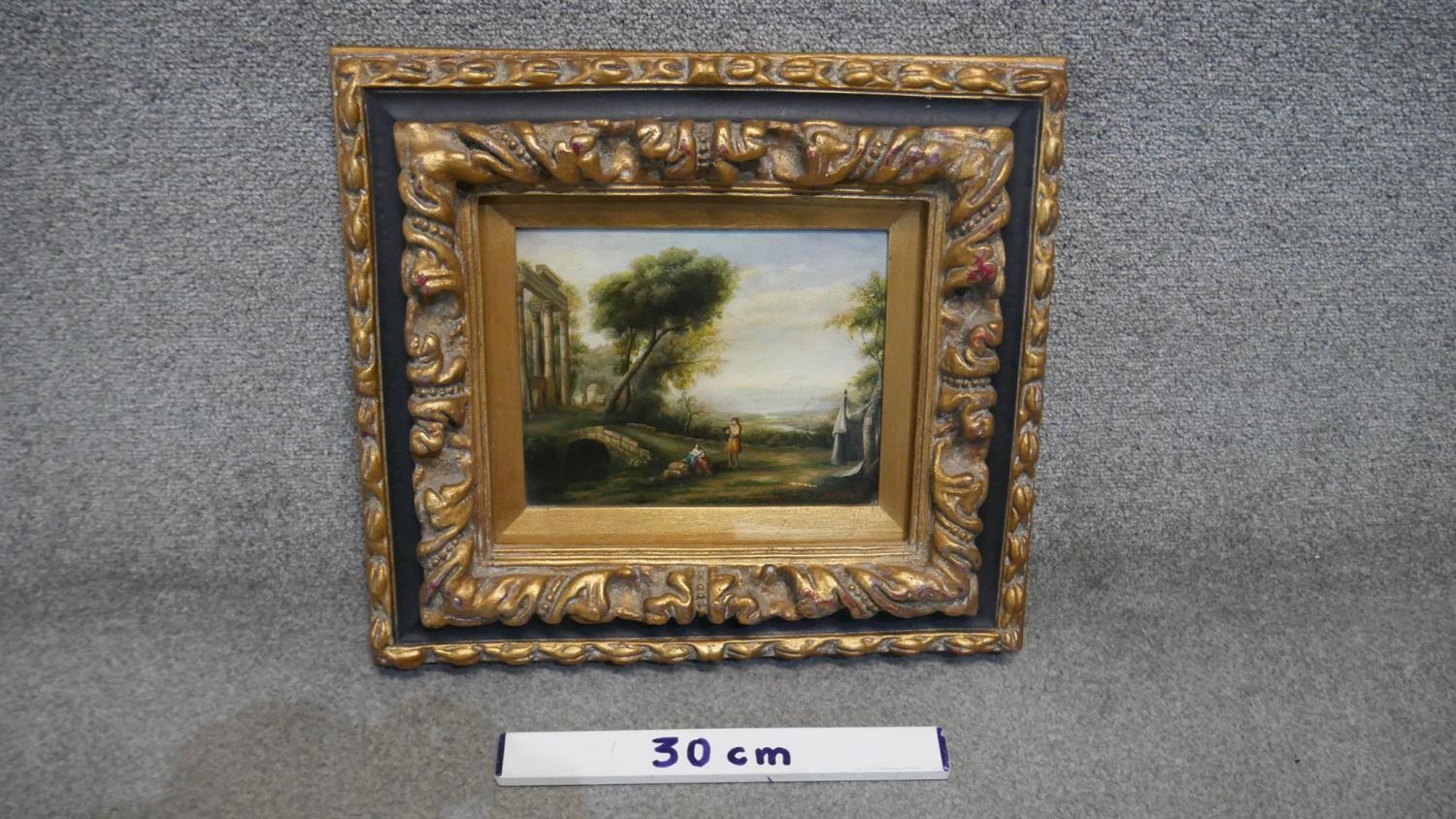 An oil on board, Italianate landscape with figures and ruins in ornate gilt frame. H.47 W.47cm - Image 3 of 5