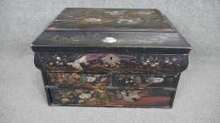 A 19th century Chinese lacquer and gilded writing box with inlaid mother of pearl bird and flower