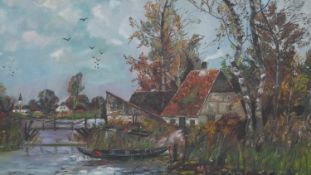 A large framed oil on canvas, cottage by a river, signed L Baguet. W.110 H.82