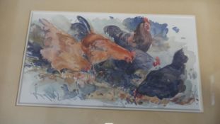 A framed and glazed watercolour, feeding hens, indistinctly signed. H.37 W.47cm