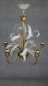 An Italian gilt metal toleware foliate design five branch chandelier. H.53CM
