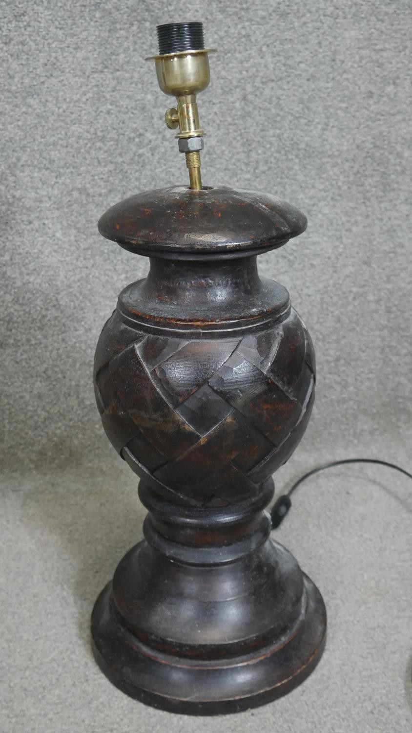 Two carved and stained table lamps with geometric design.H.60CM - Image 4 of 4
