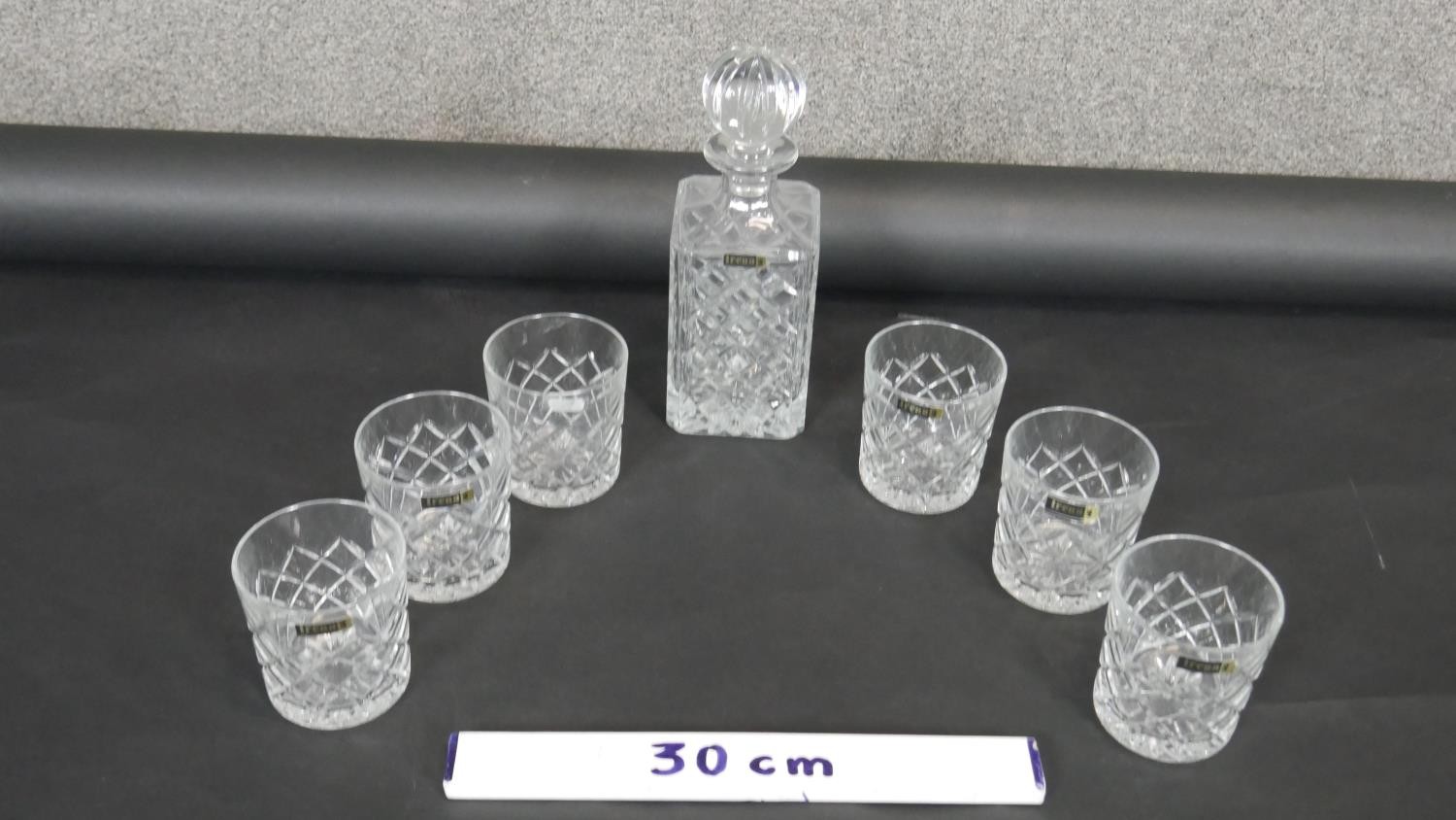 An Irena cut crystal decanter and six whisky tumblers. Makers labels on all. H.16cm - Image 2 of 4