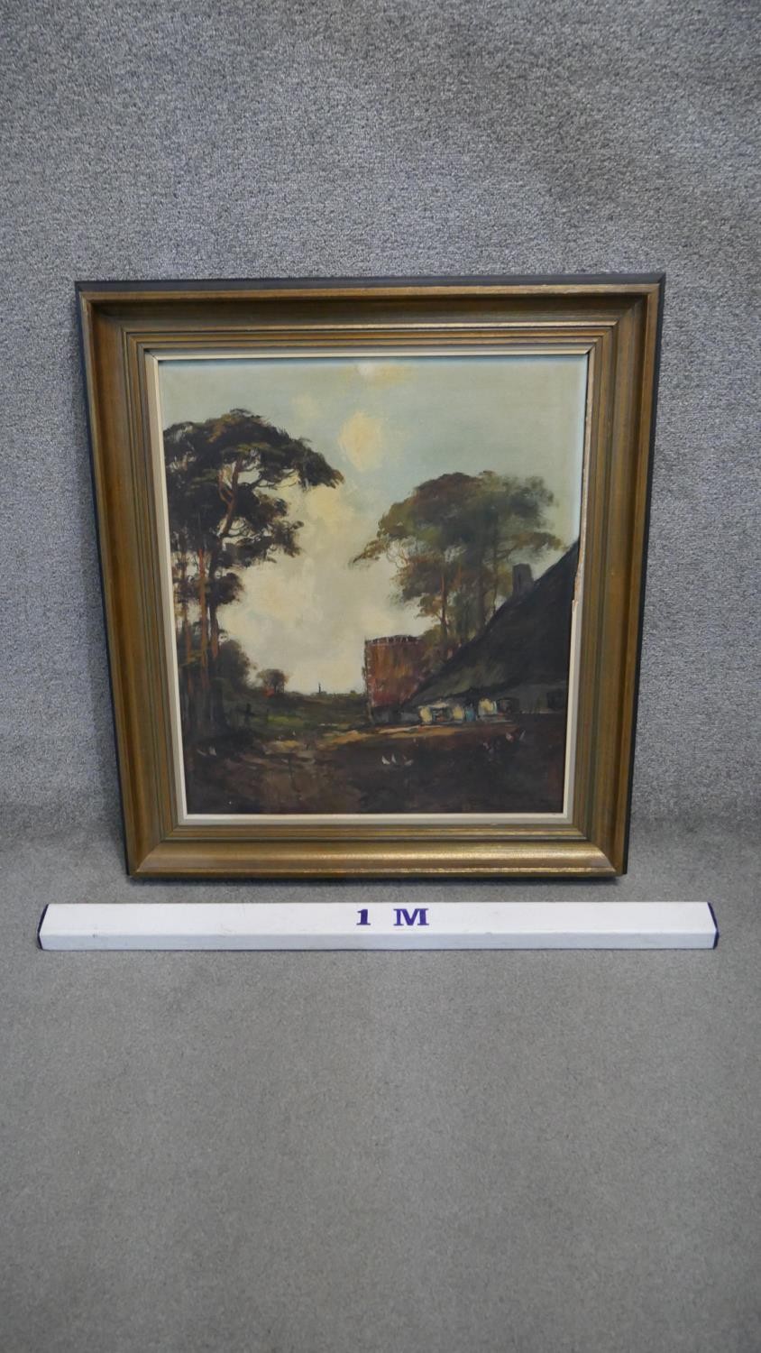 A framed oil on canvas, Continental farmyard scene with geese, indistinctly signed. H.90 W.80cm - Image 3 of 5