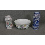 A collection of Majolica. Including a planter with floral design, a hand painted vase P. de Alse