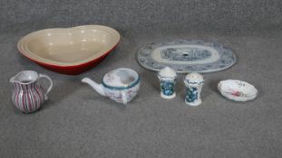 A collection of ceramics. Including a Rye pottery pink and white jug, a Le Creuset heart dish and