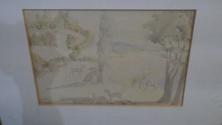 A framed and glazed watercolour, Classical figure in a pastoral landscape surrounded by deer, by