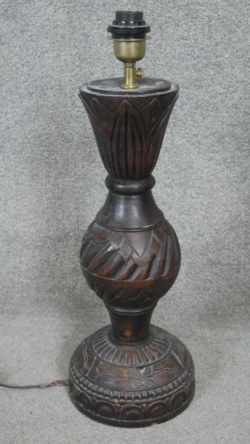 Two carved and stained table lamps with geometric design.H.60CM - Image 3 of 4