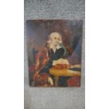 A framed oil on board of a gentleman sitting at a table. Unsigned. H.37 W.29cm