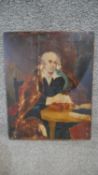 A framed oil on board of a gentleman sitting at a table. Unsigned. H.37 W.29cm