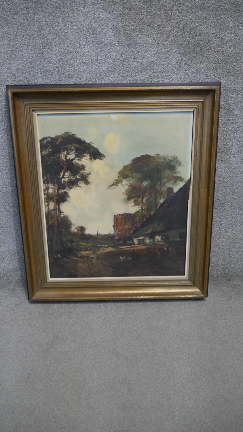A framed oil on canvas, Continental farmyard scene with geese, indistinctly signed. H.90 W.80cm - Image 2 of 5