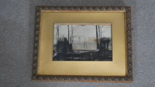 Attributed to Austin Davies- A framed and glazed oil on paper of an abstract city skyline. Signed