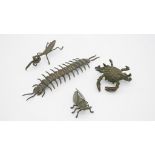 A collection of five Japanese bronze invertebrates. Including an articulated centipede, a crab, a