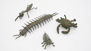 A collection of five Japanese bronze invertebrates. Including an articulated centipede, a crab, a