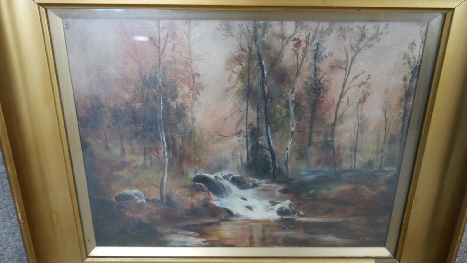 Two framed and glazed watercolor landcapes. One of a woodland river signed A. Potts the other of a - Image 8 of 11