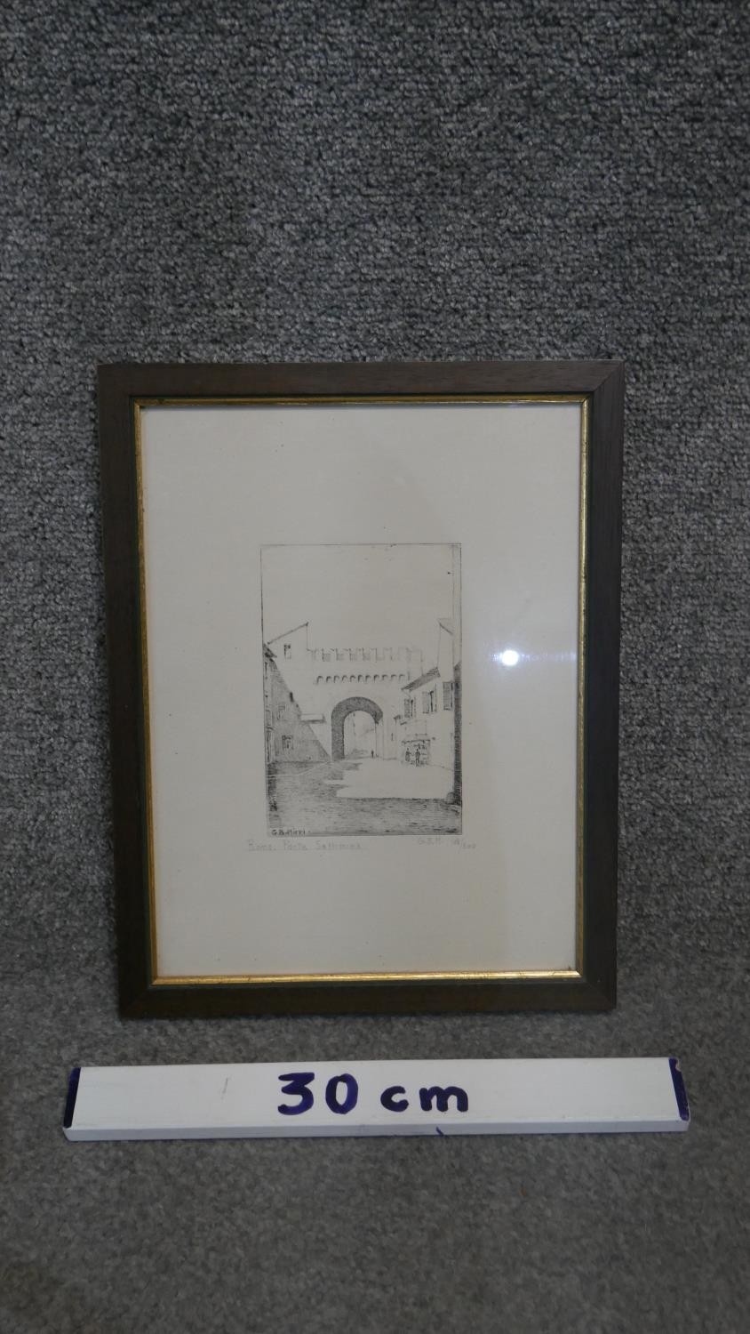 G. B. Mirri- A framed and glazed etching of Porta Settimina. Signed by artist. Label verso. H.35 W. - Image 3 of 5