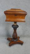 A William IV rosewood tea caddy converted to a work table with sarcophagus form fitted top above