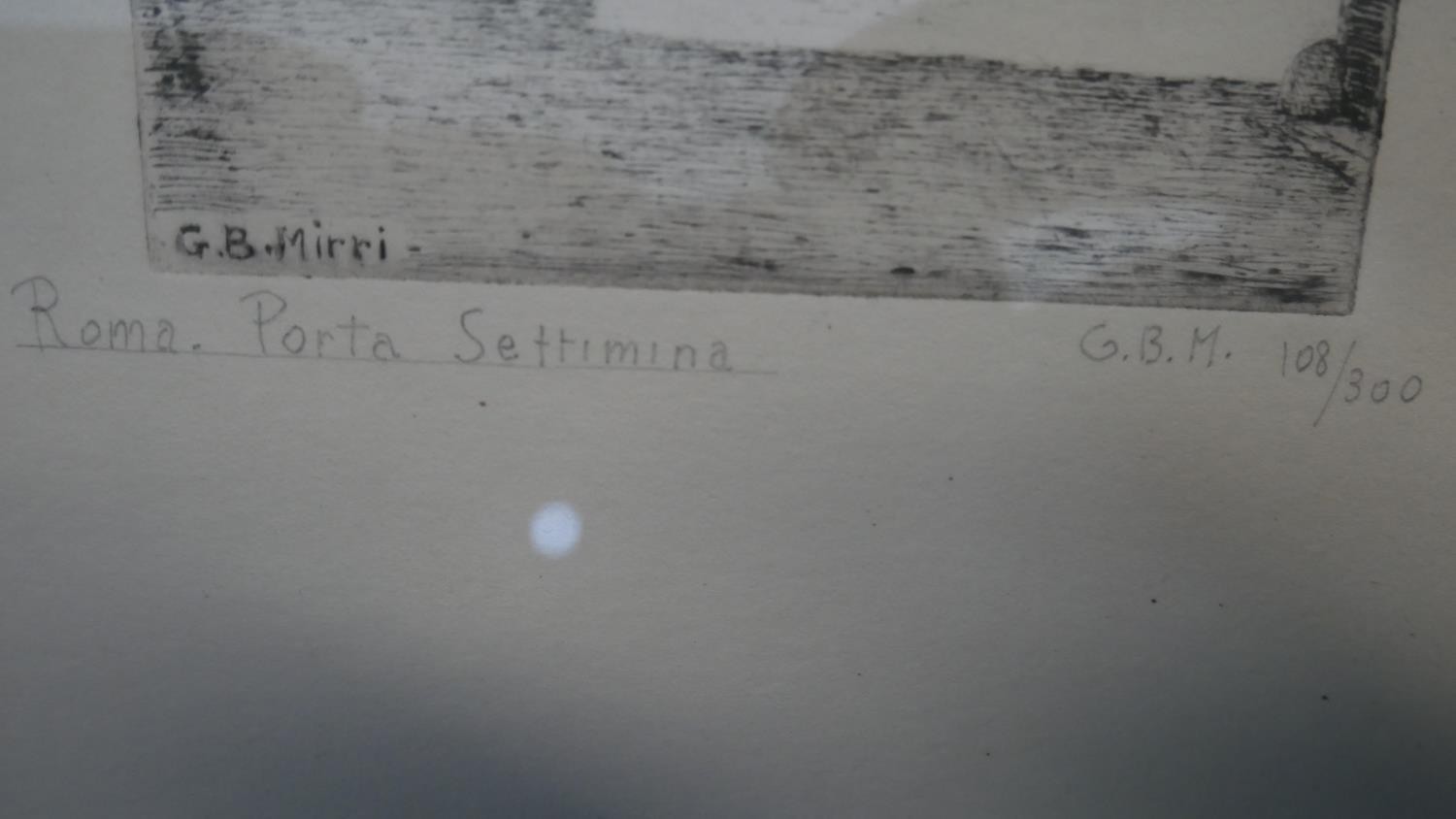 G. B. Mirri- A framed and glazed etching of Porta Settimina. Signed by artist. Label verso. H.35 W. - Image 4 of 5