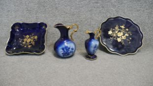 A collection of royal blue and gold Limoges china. Including two trays with gilded floral design and